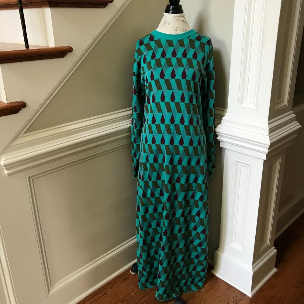 NWT La DoubleJ Diamonds Jacquard Knit Maxi Dress Womens Large Green Crew Neck - Picture 7 of 13